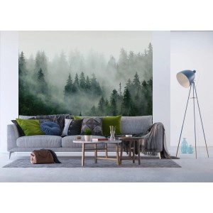 Sanders & Sanders Fototapete Berglandschaft mit Bäumen in Grün im Wohnzimmer.