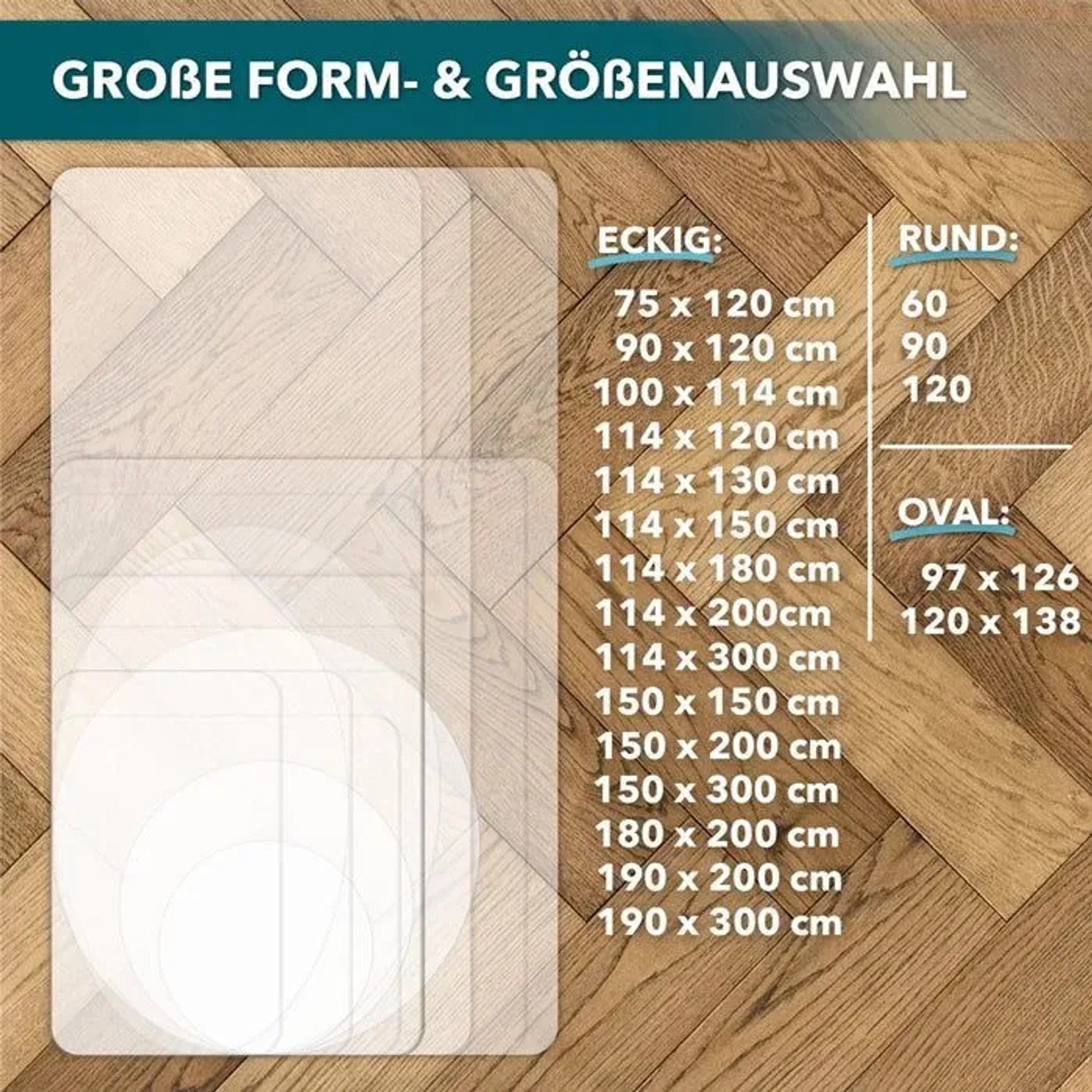 Floordirekt Bodenschutzmatte aus Polycarbonat in verschiedenen Formen und Größen.