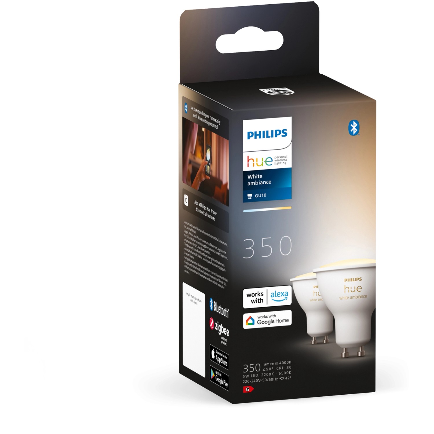 Verpackung der Philips Hue GU10 LED-Spots White Ambiance, Doppelpack. Smarte Leuchtmittel für individuelles Licht.