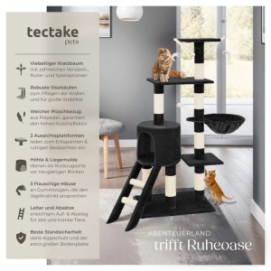 Schwarzer Tectake Kratzbaum Dominik, 144 cm hoch, mit Sisalstämmen, Katzenhaus, Liegemulde und Spielzeug.