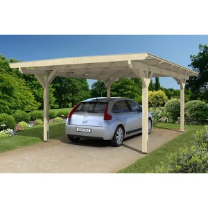Skan Holz Einzelcarport Odenwald mit Auto. Flachdach Carport aus Holz mit geraden Kopfbändern.