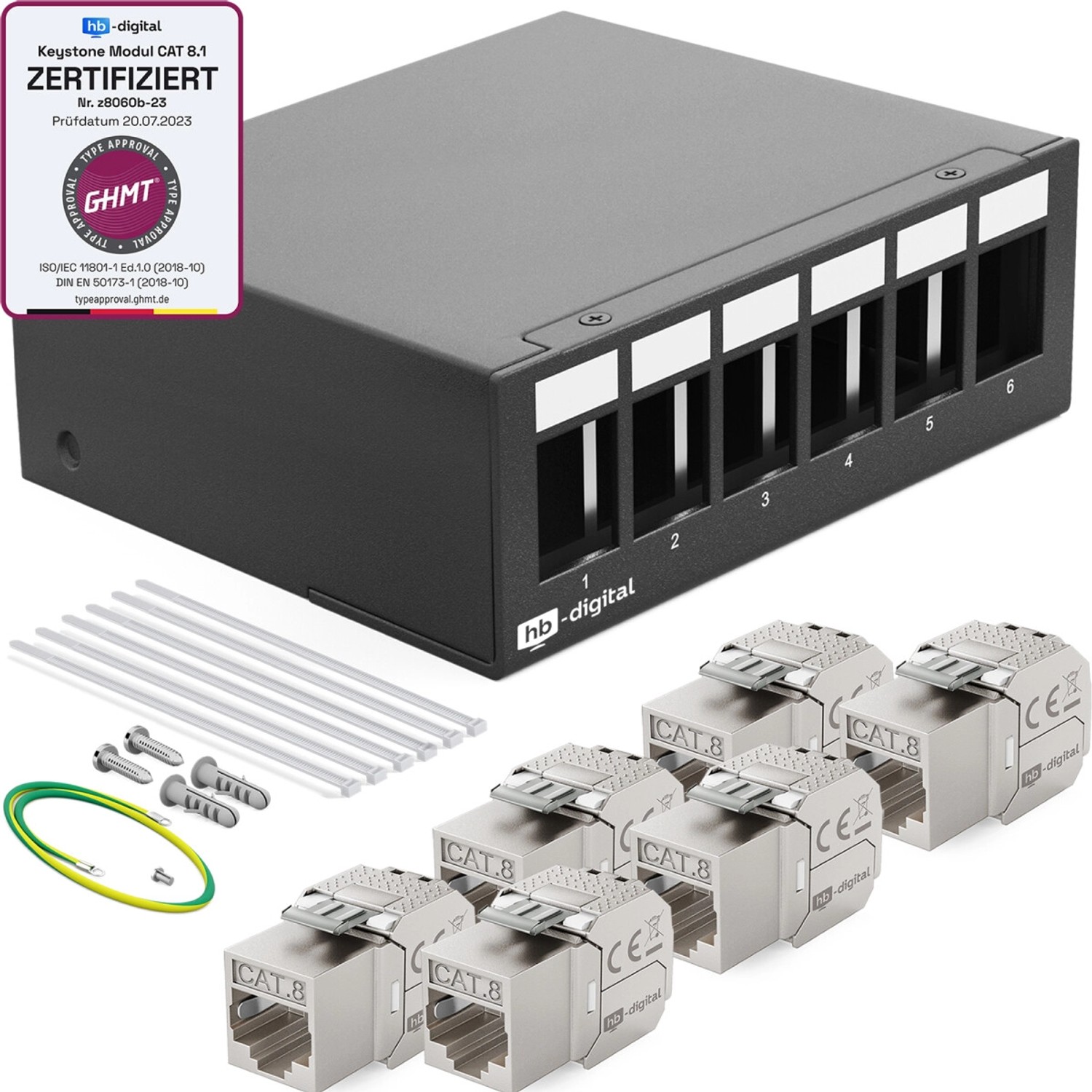 hb-digital Patchpanel 6 Port mit 6x Keystone Module Cat 8 Schwarz