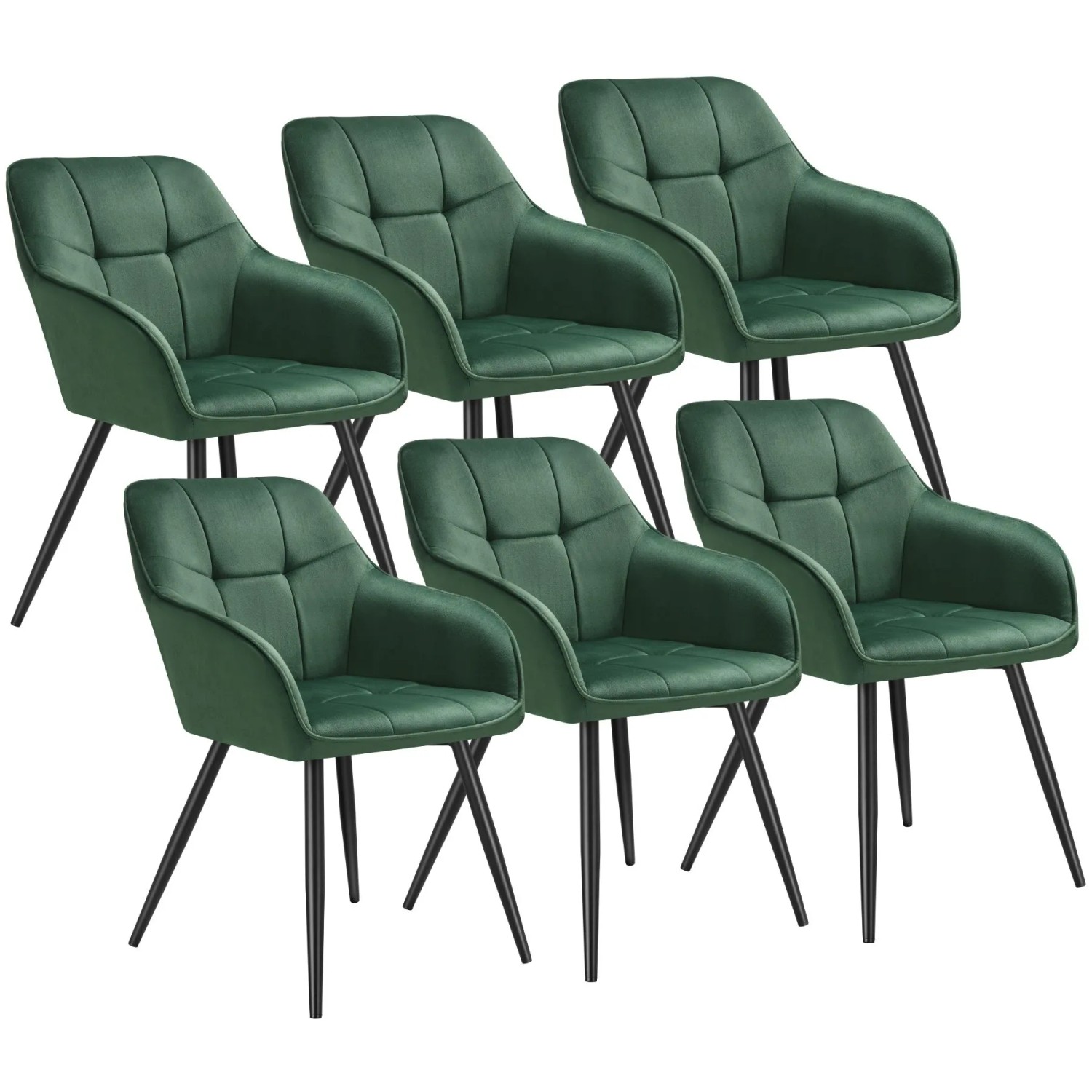 Tectake Esszimmerstuhl Marilyn Gepolstert  In Samtoptik  Gesteppt Durchgehende Lehne 6Er Set 62 x 58 x 82 cm Dunkelgrün Schwarz