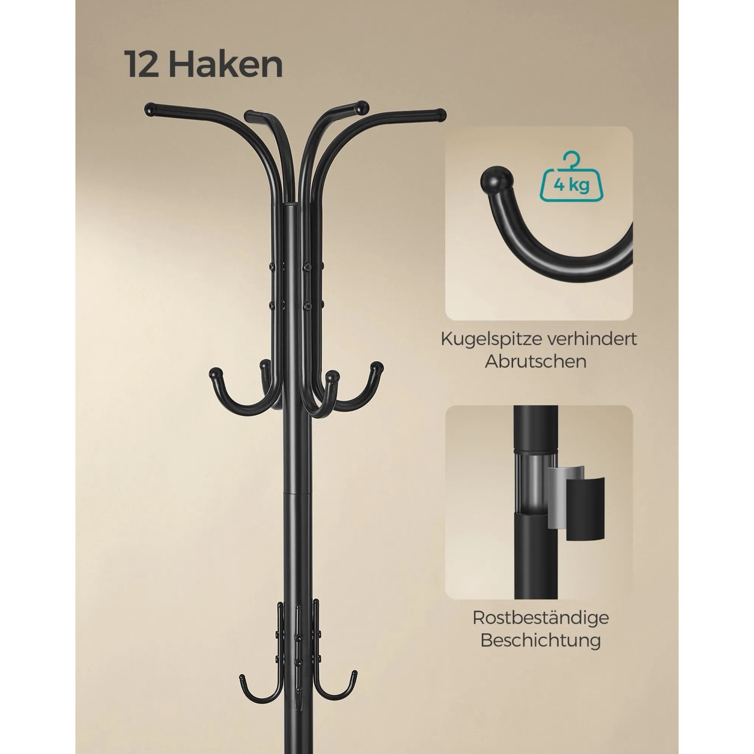 Schwarzer Songmics Kleiderständer mit 12 Haken und Schirmständer.