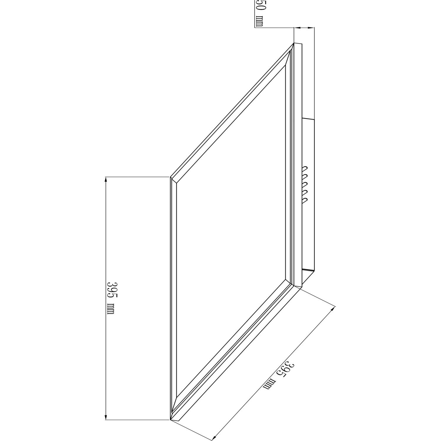 Skizze des schwarzen Brilliant LED-Deckenpaneels Abie 40x40 cm mit Maßangaben.