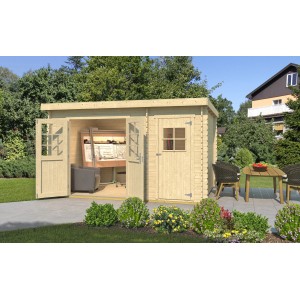 Weka Holz-Gartenhaus Brixen mit Flachdach, naturbelassen, mit Doppeltür und Fenster.