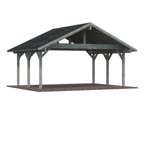 Grauer Palmako Doppelcarport Robert aus Holz mit Dach, stabile Konstruktion.