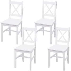 4er-Set weiße Esszimmerstühle im Landhausstil mit X-förmiger Rückenlehne.