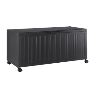 Anthrazitfarbene Bizzotto Box Ocean mit Rädern, 164,8x72 cm, zur Aufbewahrung im Garten.