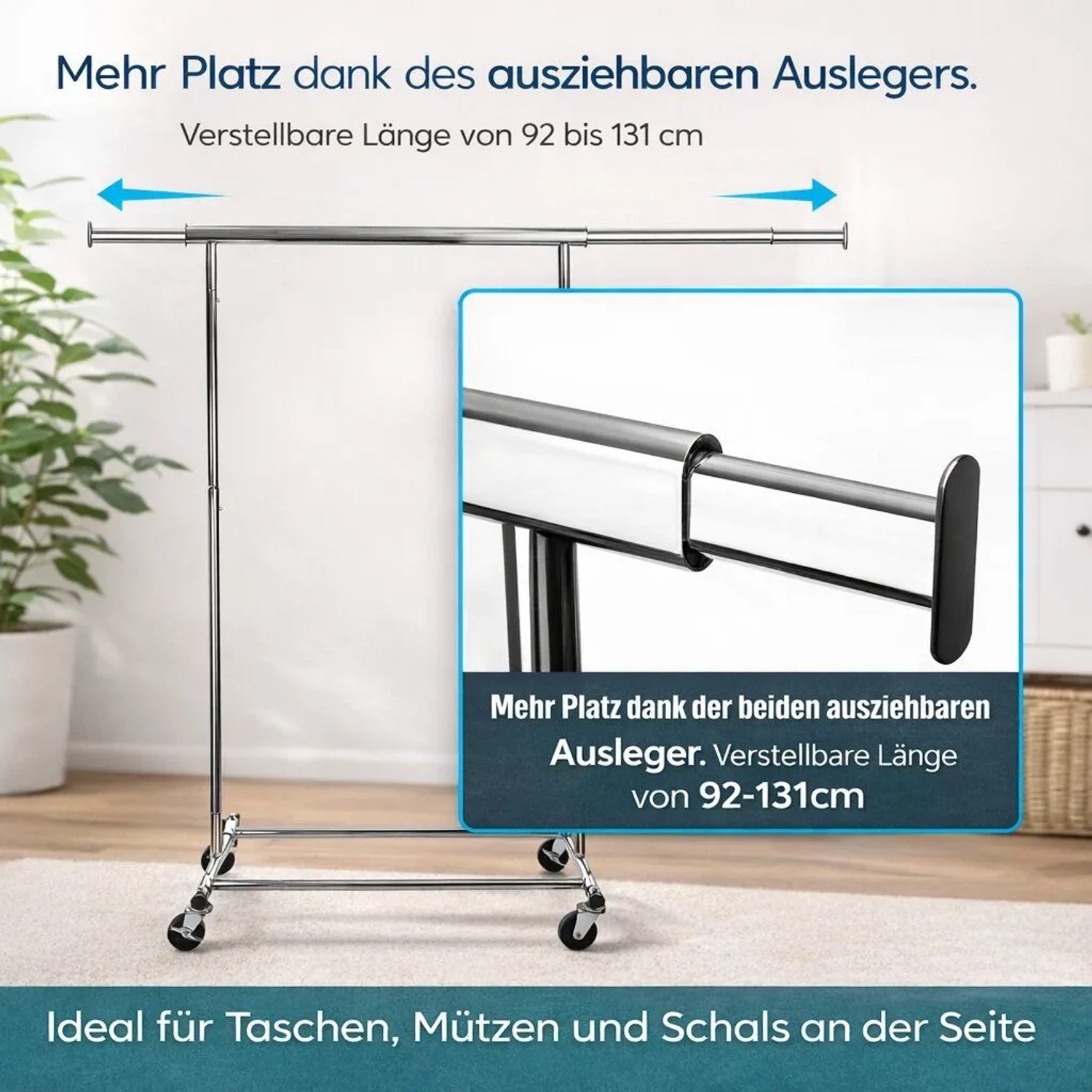 BigDean Kleiderständer auf Rollen, verstellbare Kleiderstange ausziehbar, mit Ablage.