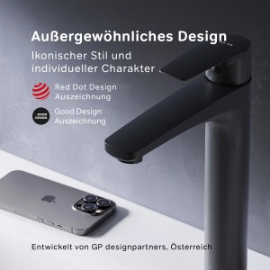 Schwarze AM.PM Waschtischarmatur Hoch mit Klick-Ablauf für Waschbecken im Bad.