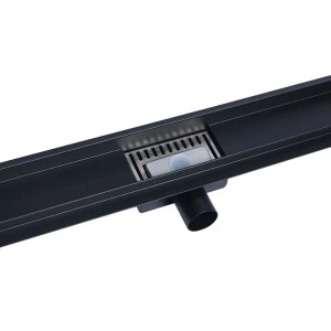 Schwarze Glasdeals Edelstahl-Duschrinne, 70 cm, mit Siphon für bodengleiche Dusche.