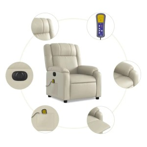 Elektrischer Massagesessel in Creme Kunstleder mit Fernbedienung und Details.