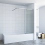 Aquabatos Badewannenaufsatz 110x150 cm mit 6 mm ESG Glas Schiebetür und Chromprofilen in modern gefliestem Bad.