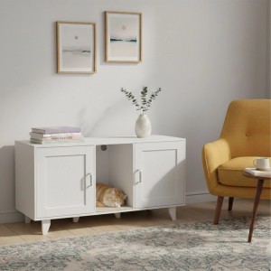 Relaxdays Katzenschrank MDF Holzwerkstoff Eisen Weiß mit 2 Kammern Höhenverstellbar Rutschfest 65 cm x 120 cm x 52 cm 25,2 kg