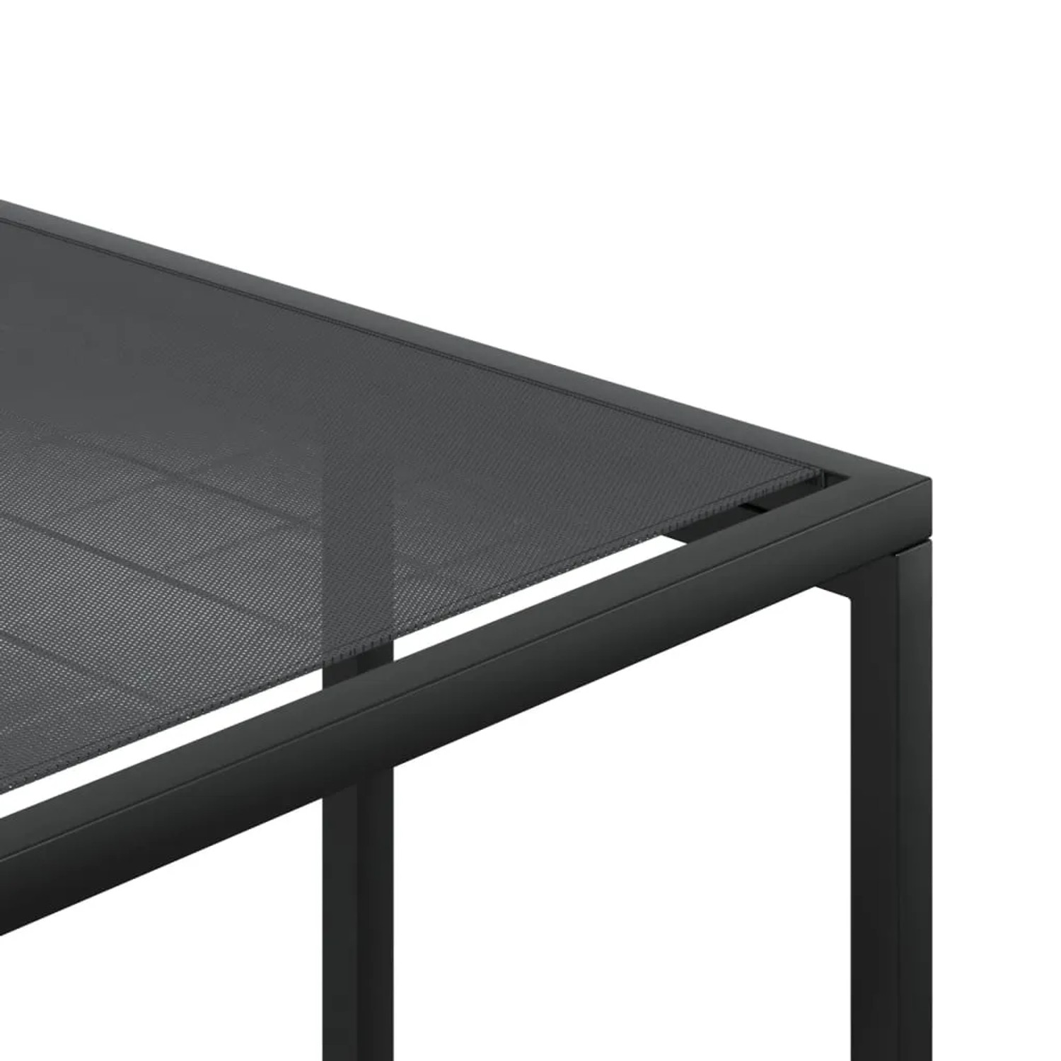 Detailansicht der schwarzen Gartentischplatte aus Glas und Stahl der vidaXL 13-tlg Essgruppe.