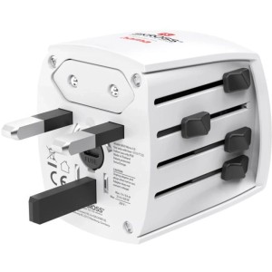 Weißer Hama Weltreiseadapter MUV Micro, 2-polig, für Steckdosen Typ A, B, C, E, F, G, I, J, L, N, D, H und K.