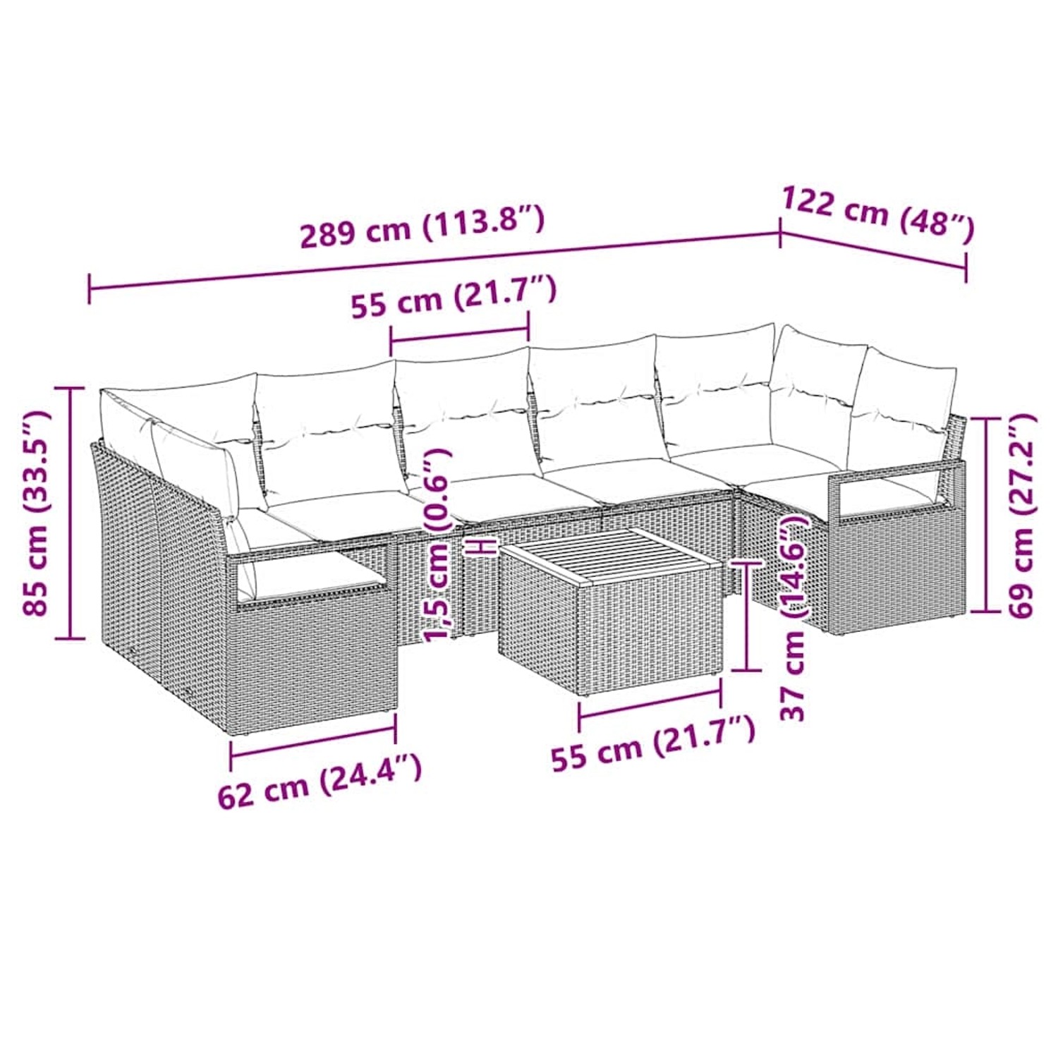 vidaXL Garten-Sofa-Set, 8-teilig, schwarz, mit Maßen. Gartenmöbel aus Polyrattan mit Tisch.