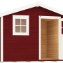 Schwedenrotes Gartenhaus mit Satteldach, Holzwand, weißem Fenster und offener Tür.