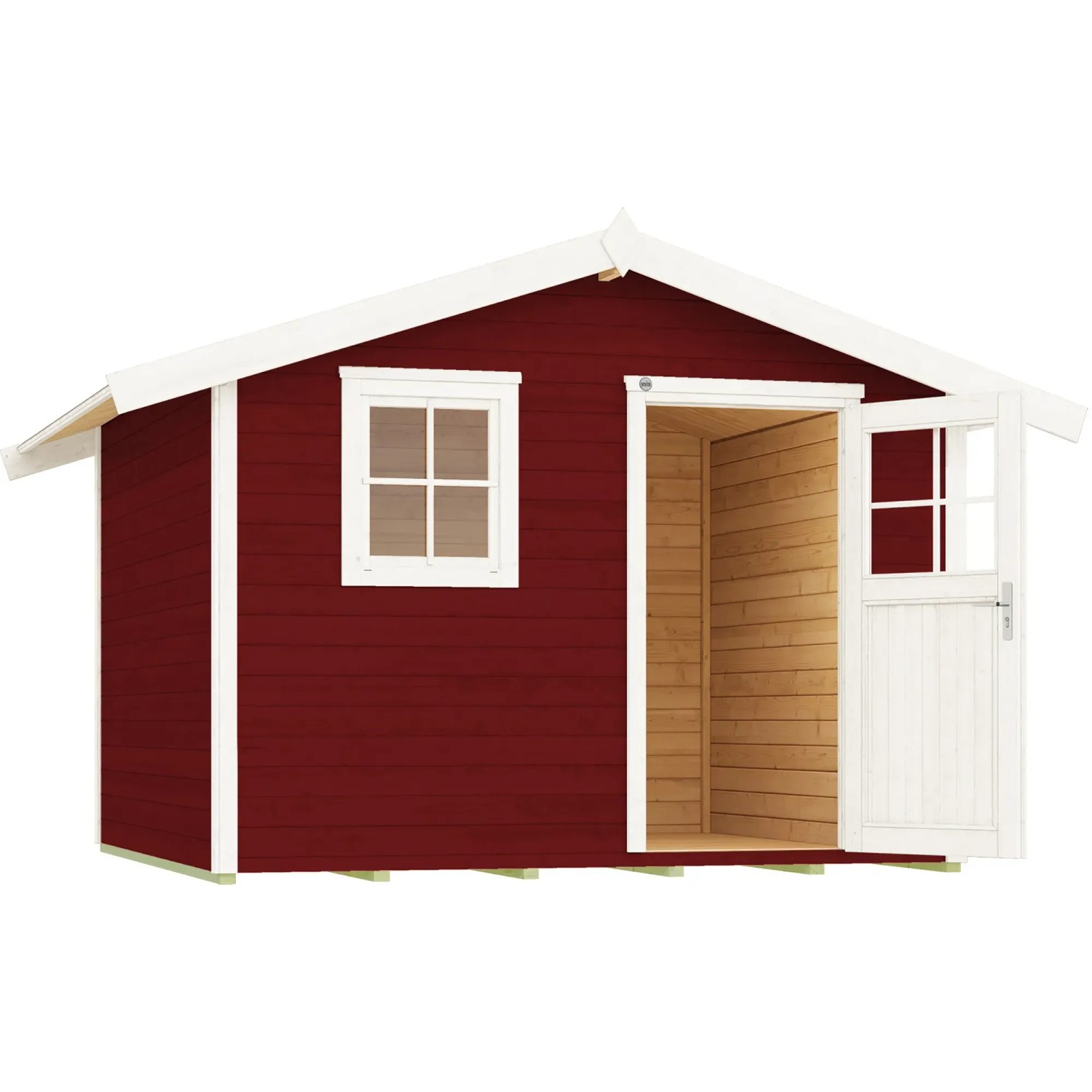 Schwedenrotes Gartenhaus mit Satteldach, Holzwand, weißem Fenster und offener Tür.