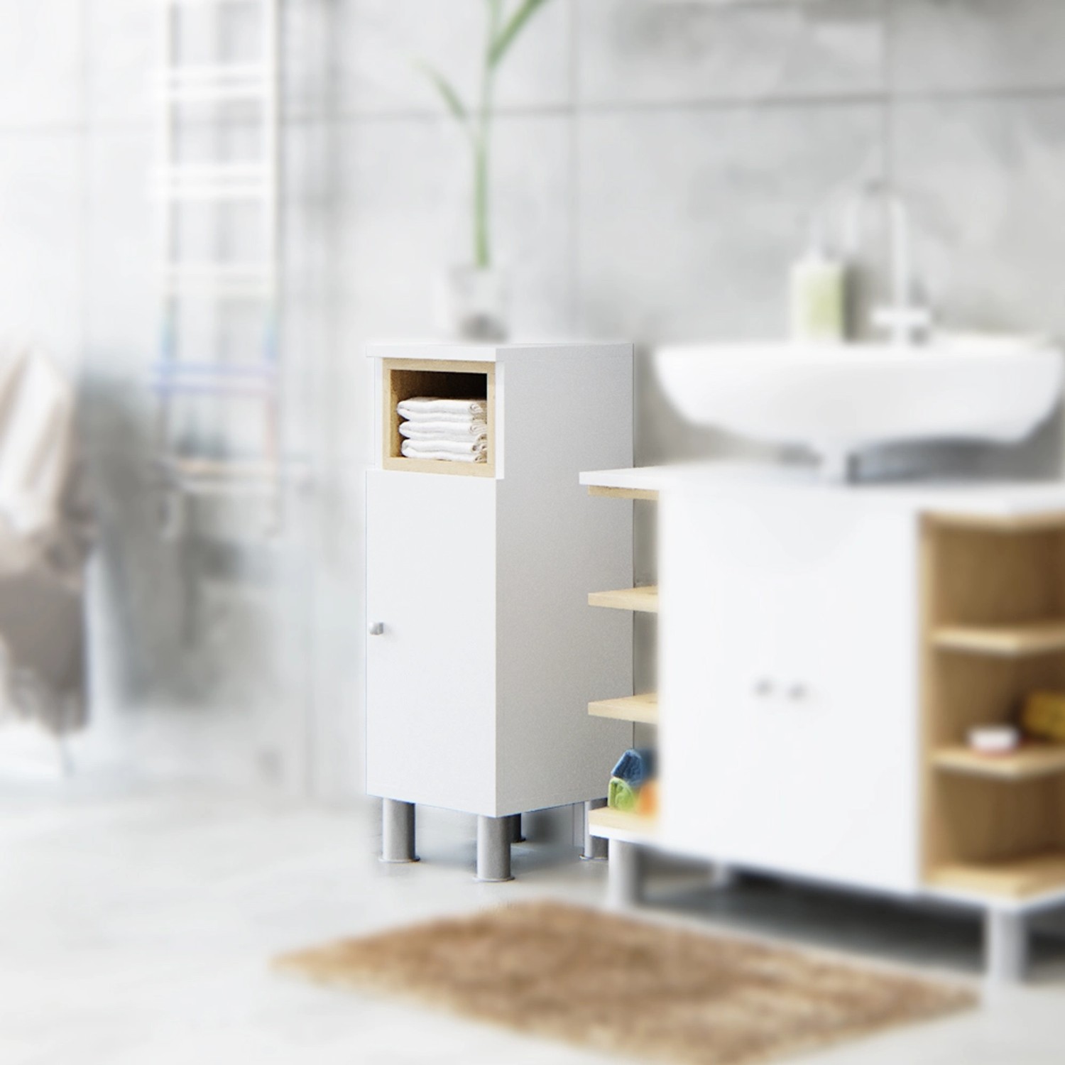 Vicco Midischrank Aquis in Weiß/Sonoma mit Tür und offenem Fach im Badezimmer.