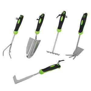 Galaflor 5-teiliges Gartenhandgeräte Set: Blumenkelle, Grubber, Rechen, Doppelhacke, Fugenreiniger aus Edelstahl mit Kunststoffgriff.