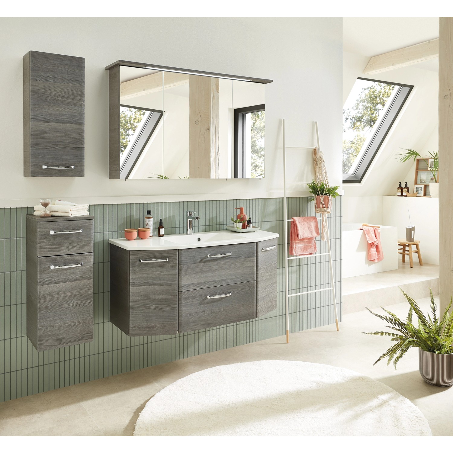 Pelipal Bad-Hängeschrank Quickset 328 Graphit, 30 cm breit. Hängeschrank mit Schublade in Graphit Struktur quer.