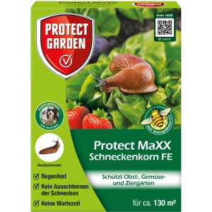 Protect Garden Protect MaXX Schneckenkorn FE 500g Packung mit Schnecke, Erdbeeren und Salat.