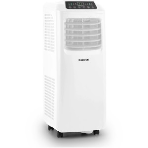 Weiße Klarstein Pure Blizzard 3-in-1 Klimaanlage mit Rollen und digitalem Display.