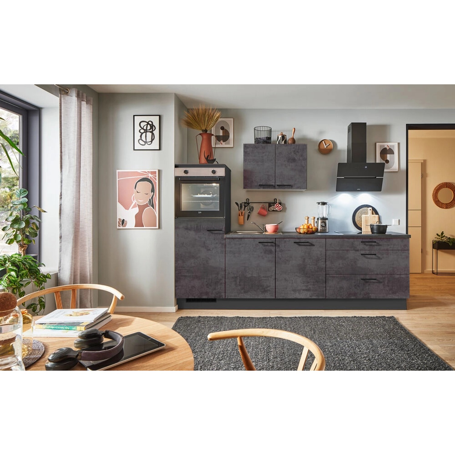 pino Küchenzeile 250 cm Beton Grafitgrau Anschlag,inks 1 Geräteschrank günstig online kaufen