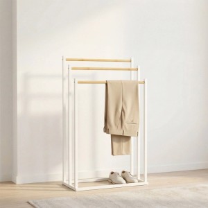 Relaxdays Handtuchständer Eisen Bambus Weiß Freistehend mit 3 Stangen 76 cm x 45 cm x 21,5 cm