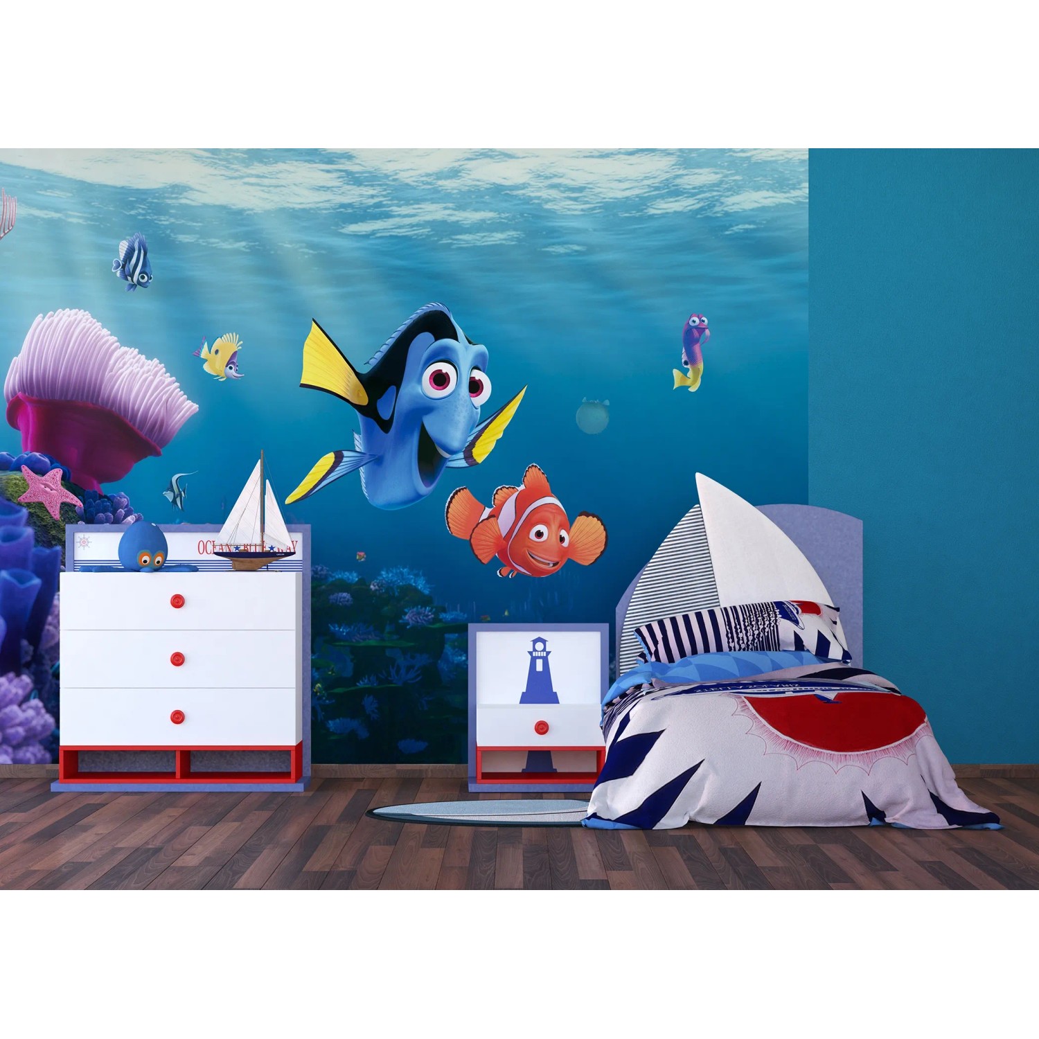 Kinderzimmer mit Disney Findet Dorie Fototapete in Blau, Unterwasserwelt.