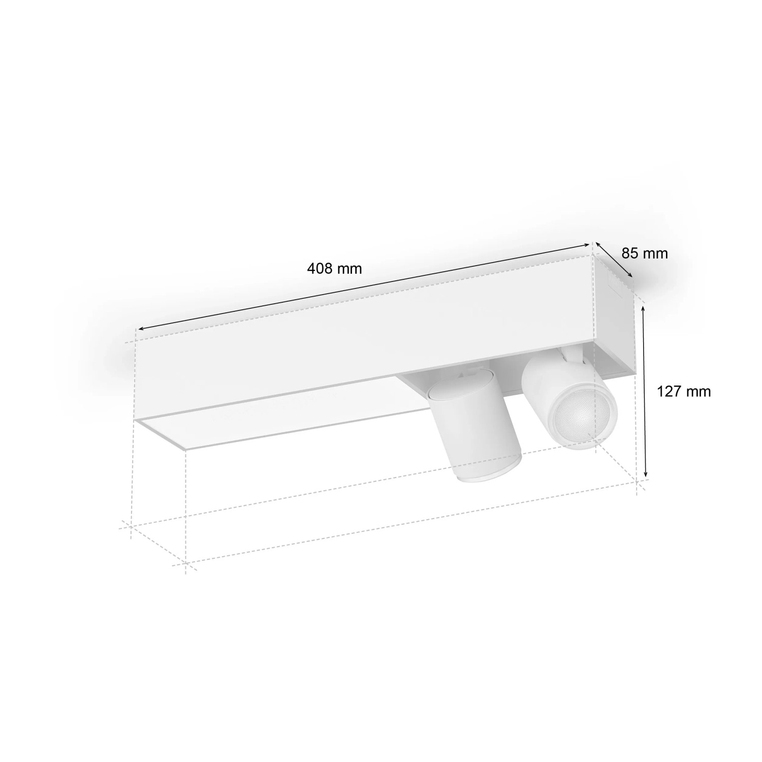 Weiße Philips Hue Centris LED-Deckenleuchte mit 2 Spots und Maßen.