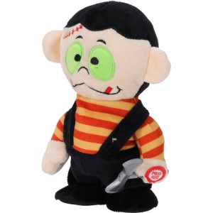 Halloween-Figur, 20 cm, mit Sound & Bewegung. Plüsch-Monster in Orange-Schwarz gestreiftem Shirt und schwarzer Hose.