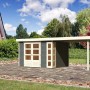 Terragraues Karibu Holz-Gartenhaus Sölve mit Flachdach und Anbau. Gartenhaus aus lackiertem Holz mit Doppeltür.