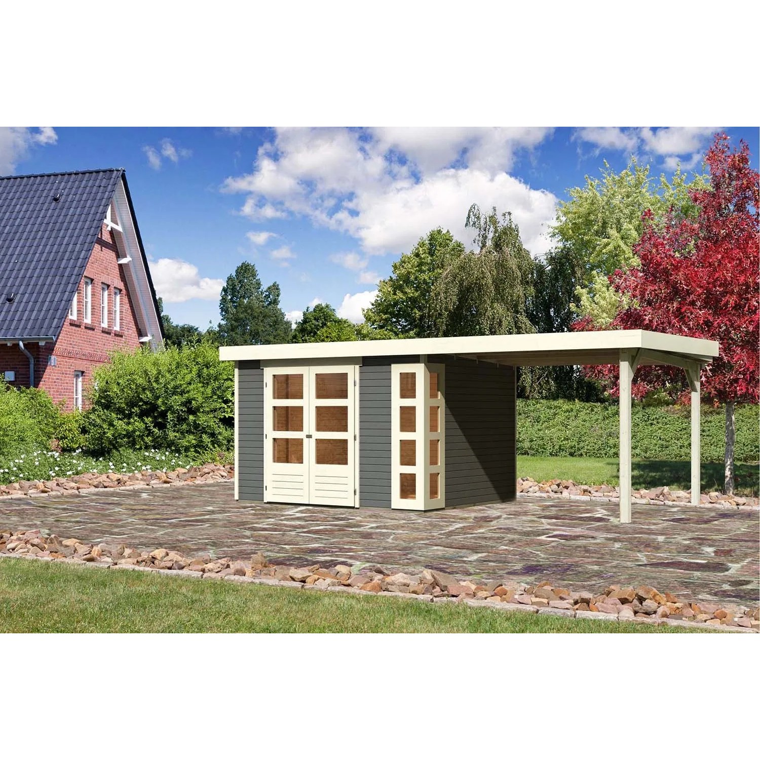 Karibu Holz-Gartenhaus/Gerätehaus Sölve Terragrau Flachdach Lackiert 298 cm x 242 cm