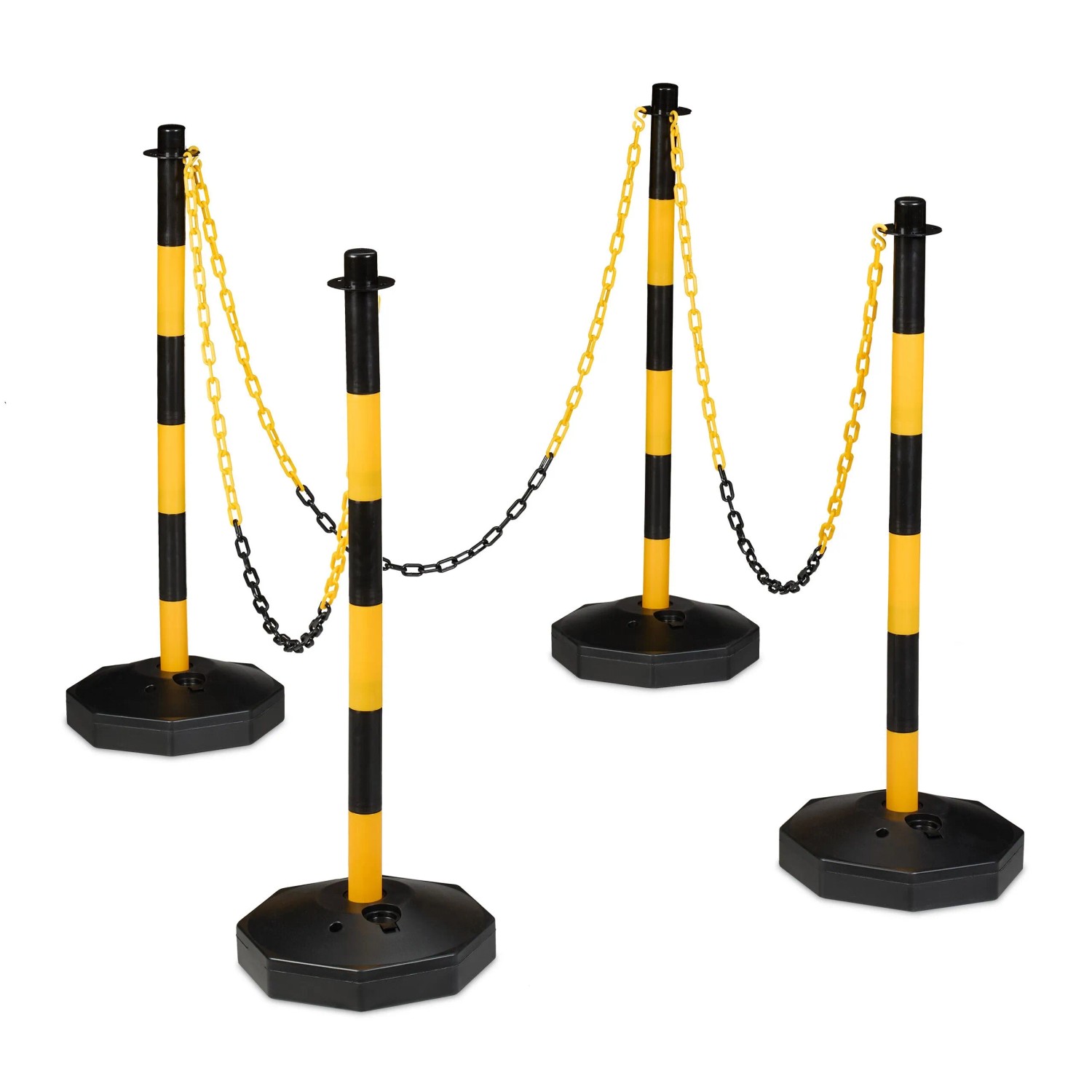 Relaxdays Absperrpfosten mit Kette 4er Set Kunststoff Gelb Schwarz Befüllbar 85 cm x 29 cm 2,2 kg