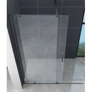 Moderne Glasdeals TRAVERSO Duschwand mit schwarzer Schiebetür, 180x200 cm, aus Sicherheitsglas in gefliestem Bad.