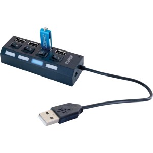 Schwarzer Schwaiger USB 2.0 Hub mit 4 Anschlüssen, Schaltern, Status LED und blauem USB-Stick.