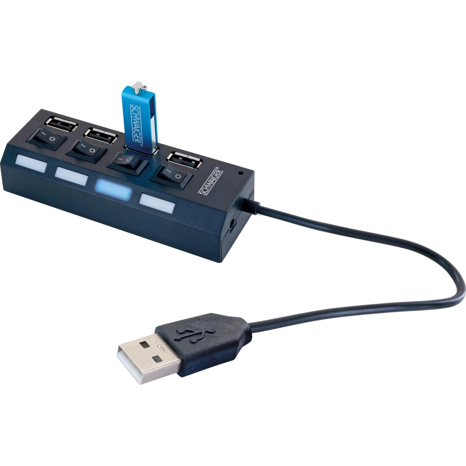 Thumbnail - Schwaiger® USB 2.0 HUB 4 fach Schwarz mit Schalter und Status LED