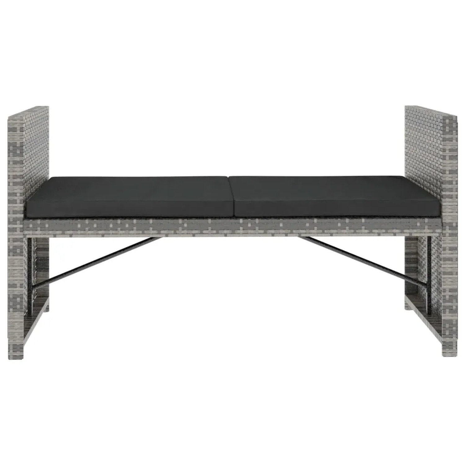 Graue Gartenbank aus Rattan mit dunklen Auflagen, Teil des 5-tlg. Lounge Sets.