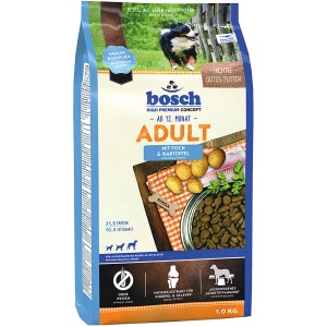 Bosch Pets Adult Trockenfutter mit Fisch & Kartoffel, 1kg. Alleinfutter für ausgewachsene Hunde.