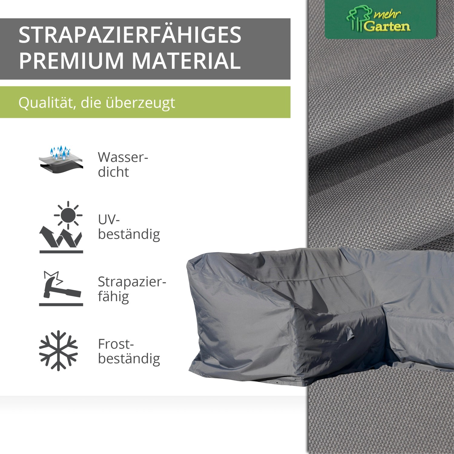Graue Schutzhülle für Mehr Garten Premium Dining-Lounge-Ecke in L-Form. Wasserdicht, UV- und frostbeständig.