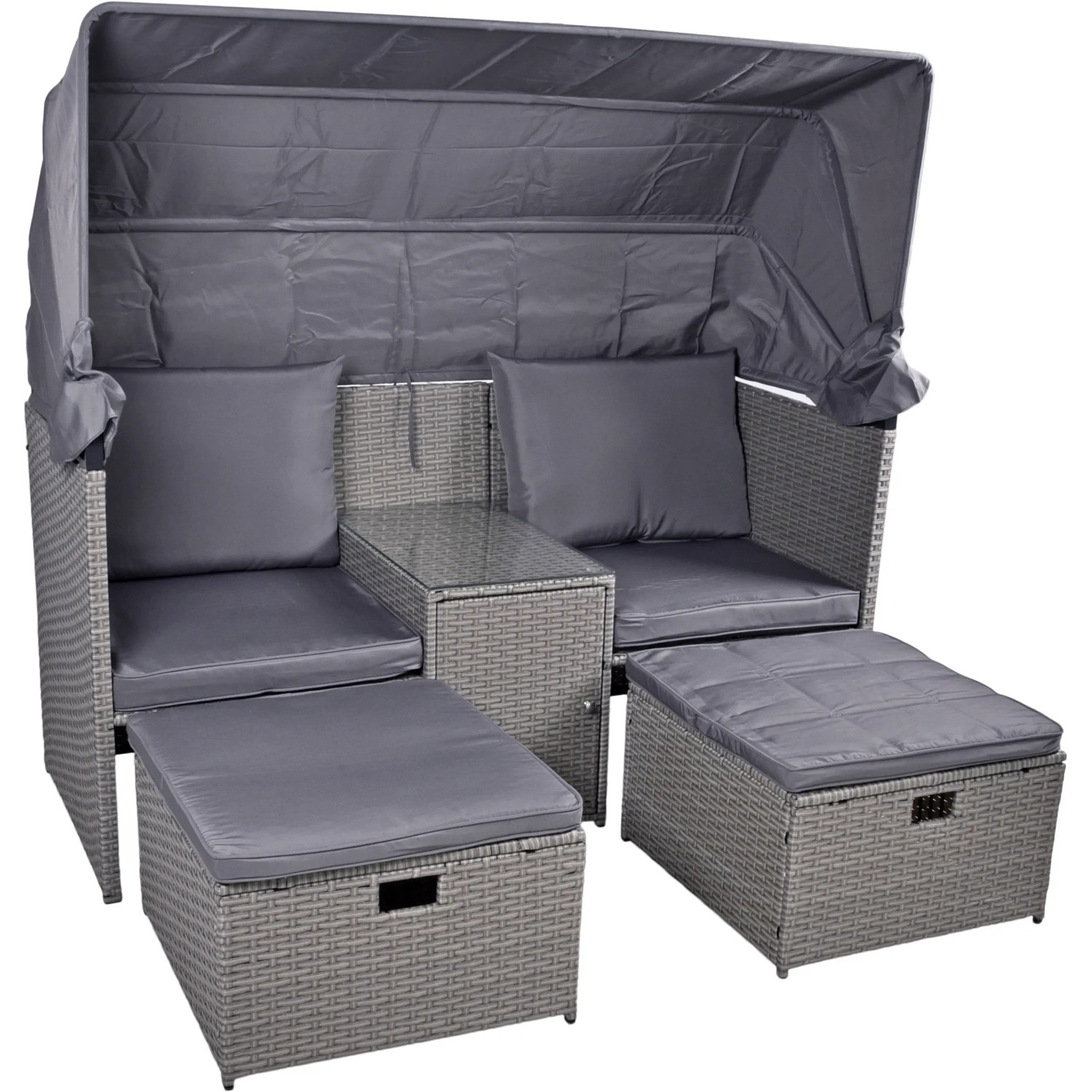 Anthrazitfarbene Garden Pleasure Relax-Lounge Saint-Tropez mit Sonnendach, Tisch und Hockern.
