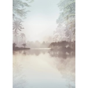 Komar Vlies Fototapete Lac Tropical Pure, 200x280 cm, mit tropischer See und Palmen im Nebel.
