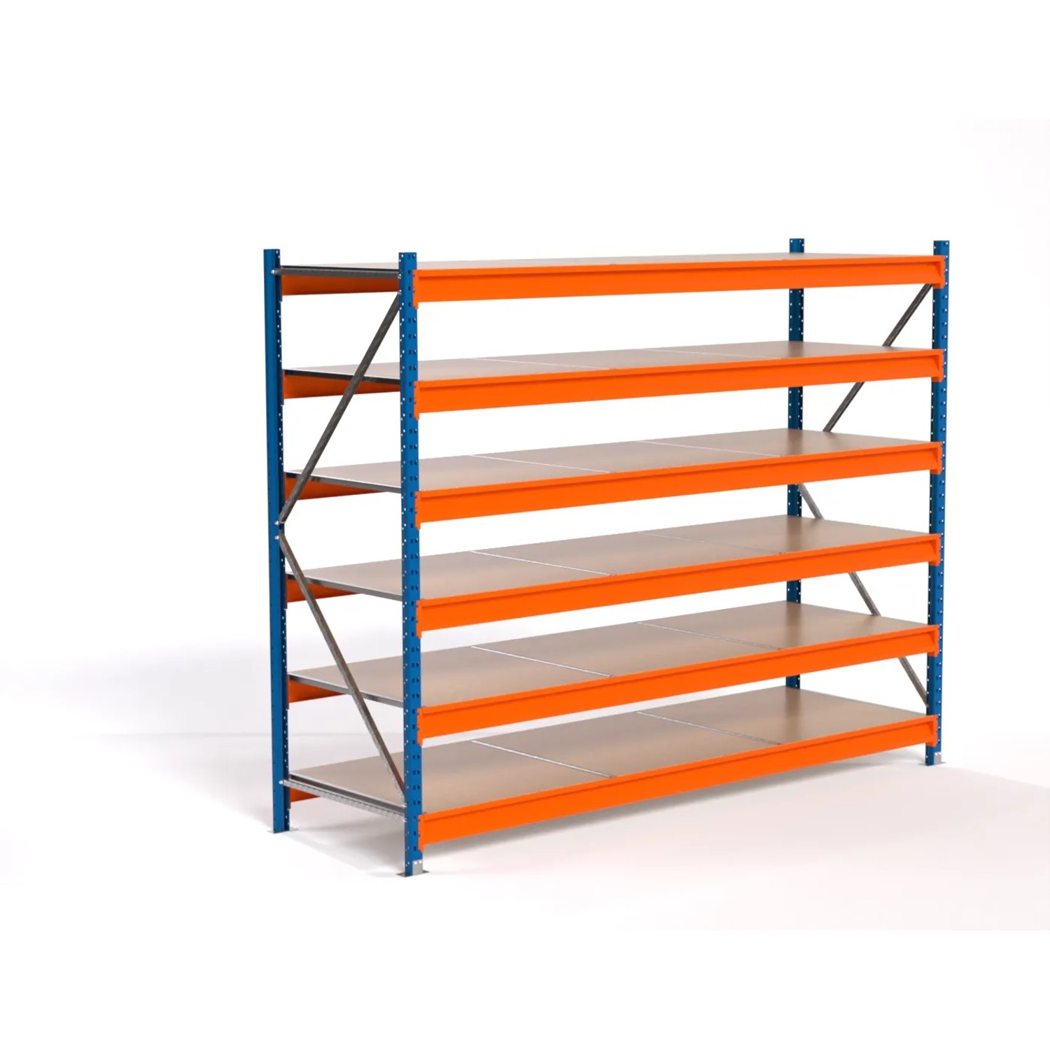 PROREGAL Industrie Weitspannregal Lagerregal MAXIMUS PRO Grundregal HxBxT 200x250x80cm 6 Spanplatten-Fachboden Fachlast 530kg Blau/Orange