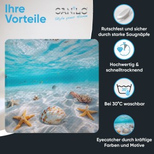 SANILO Badematte Waterworld mit Strandmotiv und Muscheln, 53x53 cm.