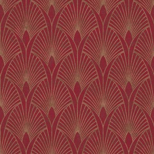Rote Vliestapete mit elegantem goldenem Art Deco Grafikmuster. Ideal für stilvolle Wandgestaltung.