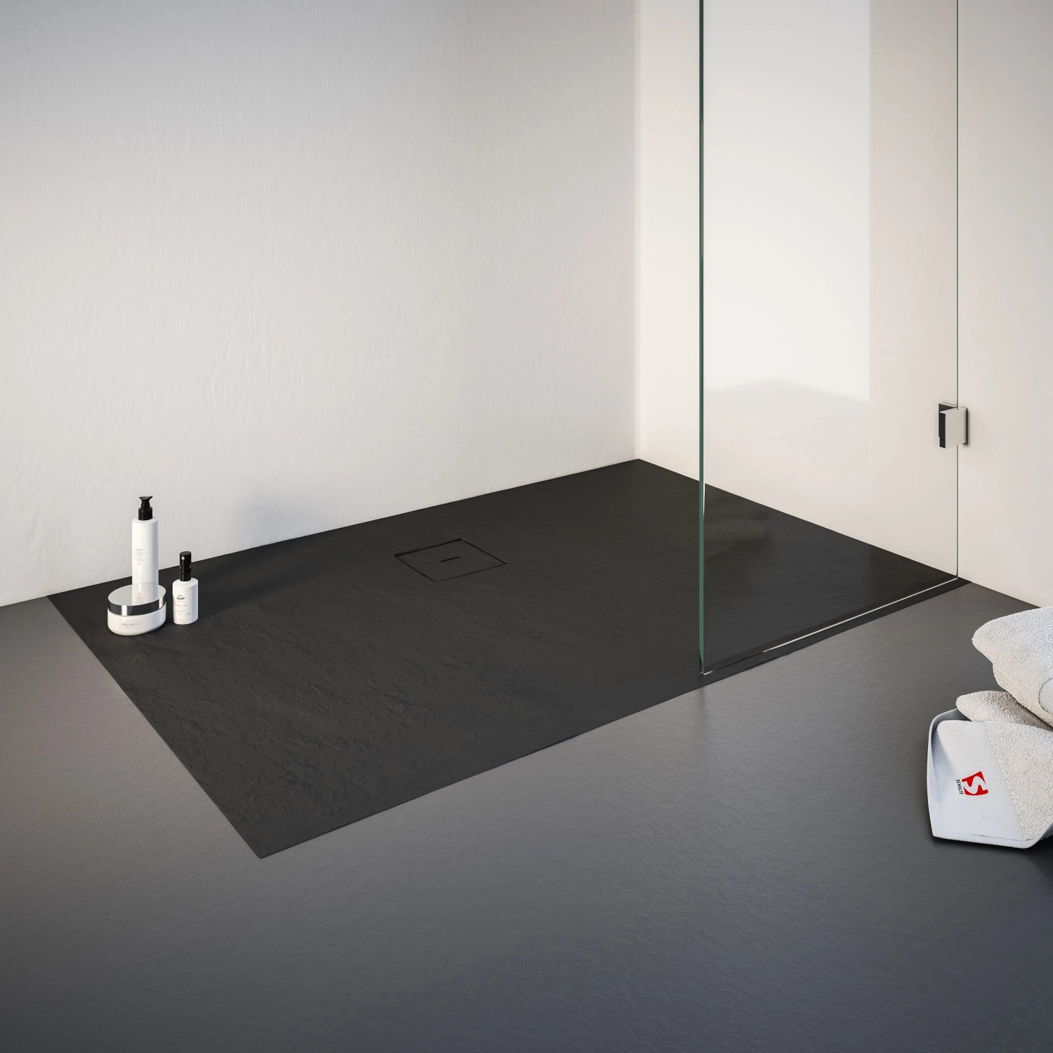 Rechteckige Schulte Duschwanne ExpressPlus, 140x100 cm, Anthrazit, Steinoptik. Bodenebene Installation.