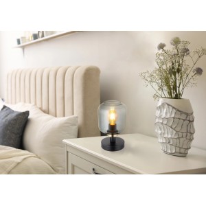 Globo Design-Tischlampe, schwarz matt mit Rauchglas, 24,5cm hoch. Dekorative Leuchte für Wohnräume.